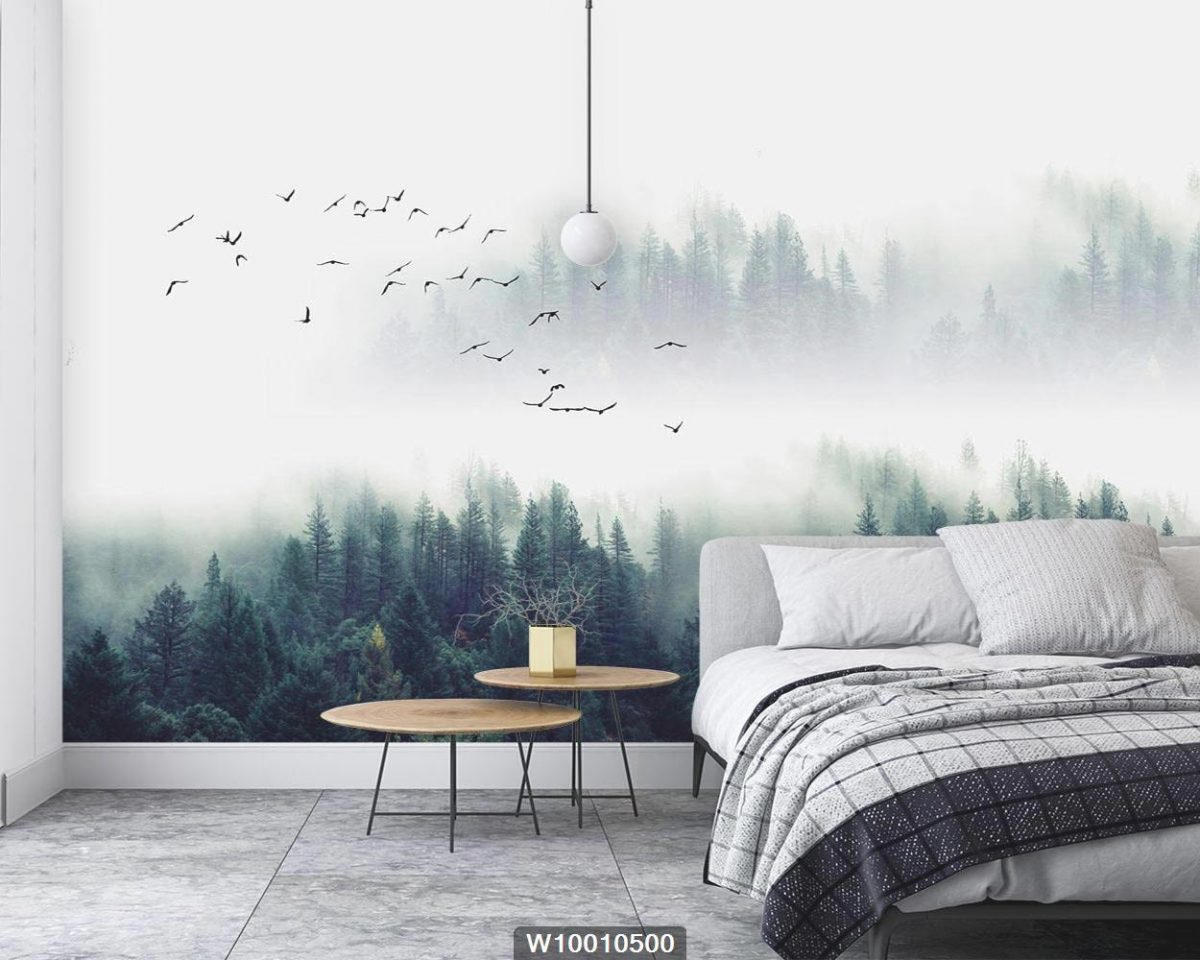 پوستر دیواری جنگل مه آلود و پرندگان W10010500 اتاق خواب