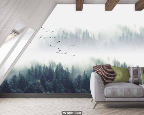 پوستر دیواری جنگل مه آلود و پرندگان W10010500 سالن پذیرایی